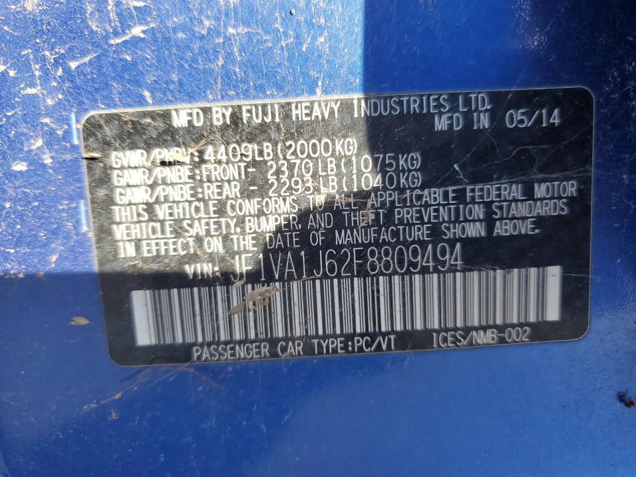 2015 Subaru Wrx Limited VIN: JF1VA1J62F8809494 Lot: 92299365