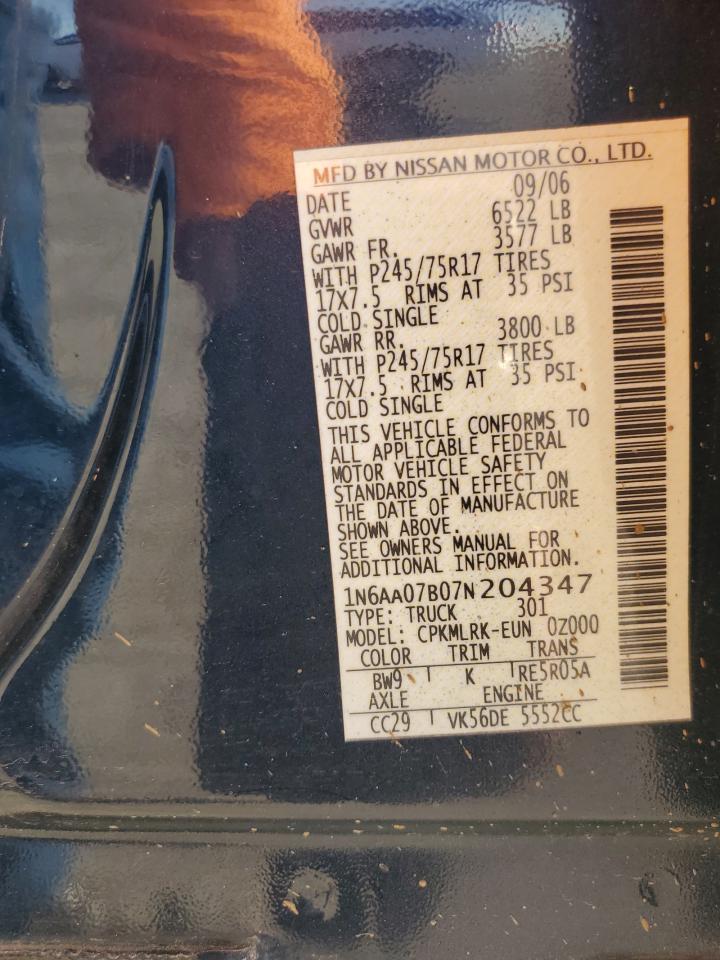 2007 Nissan Titan Xe VIN: 1N6AA07B07N204347 Lot: 92615305