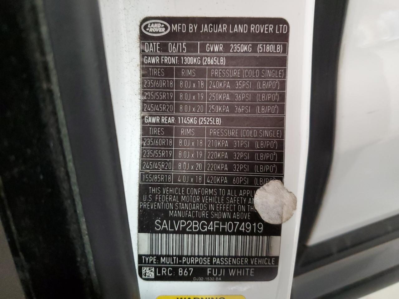 2015 Land Rover Range Rover Evoque Pure Plus VIN: SALVP2BG4FH074919 Lot: 92070825