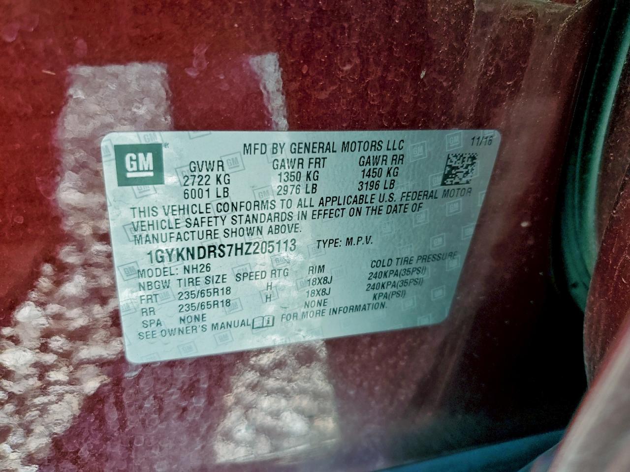 2017 Cadillac Xt5 Luxury VIN: 1GYKNDRS7HZ205113 Lot: 94259565