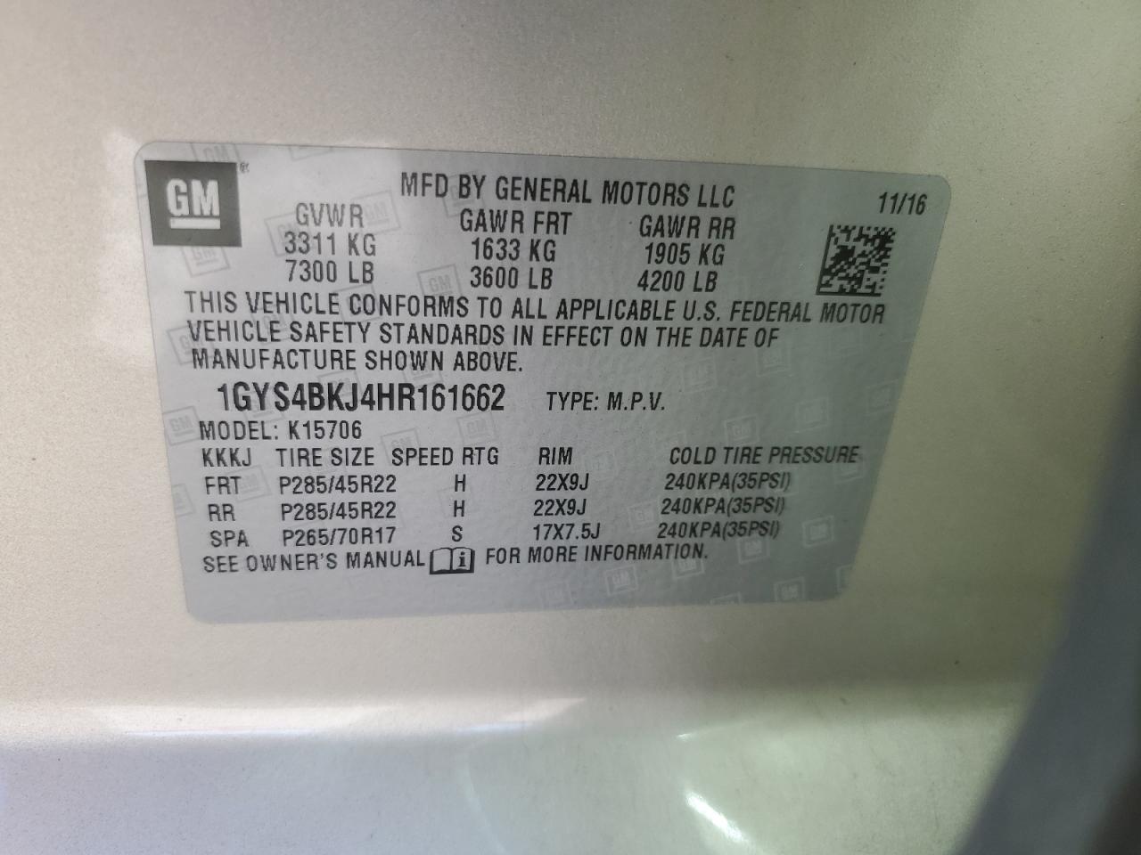 2017 Cadillac Escalade Luxury VIN: 1GYS4BKJ4HR161662 Lot: 91147905