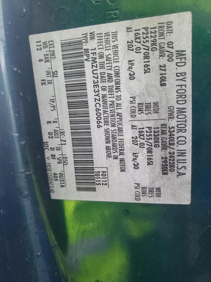 2000 Ford Explorer Xlt VIN: 1FMZU73E3YZC60066 Lot: 93475665