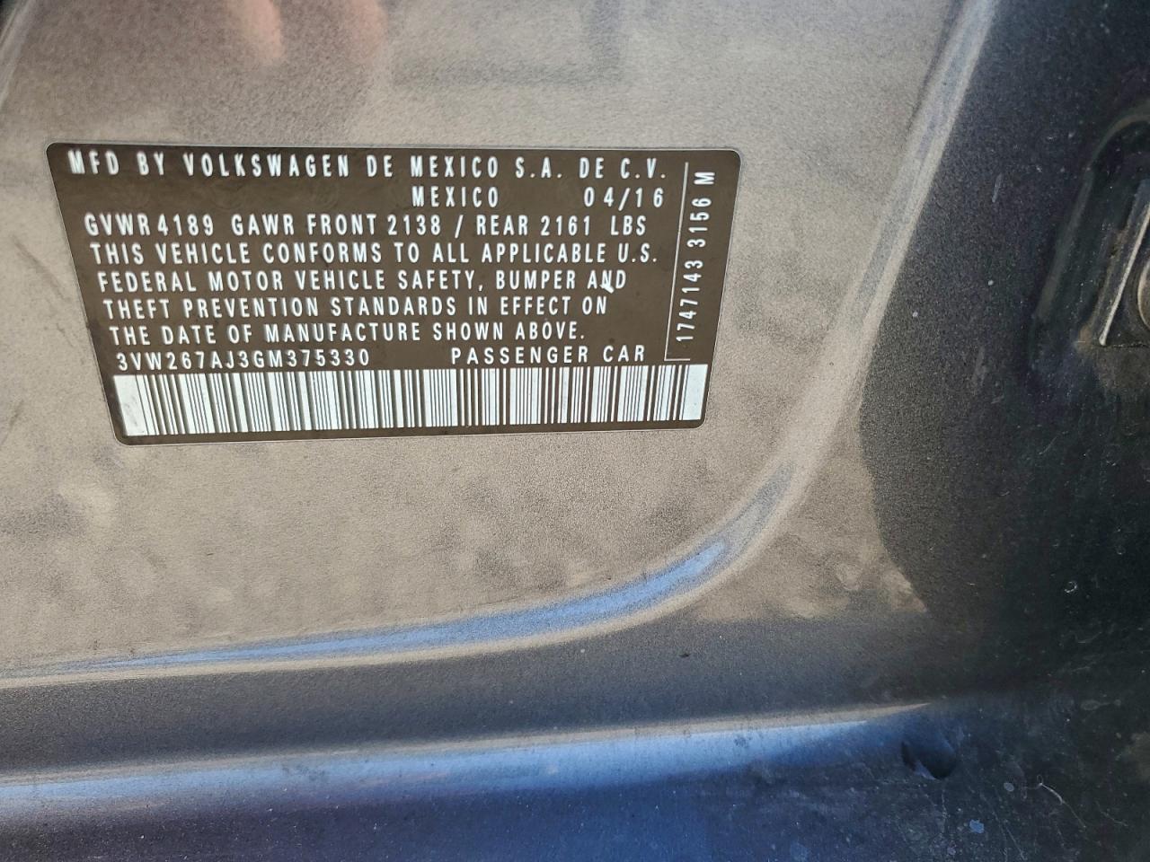 2016 Volkswagen Jetta S VIN: 3VW267AJ3GM375330 Lot: 93248255
