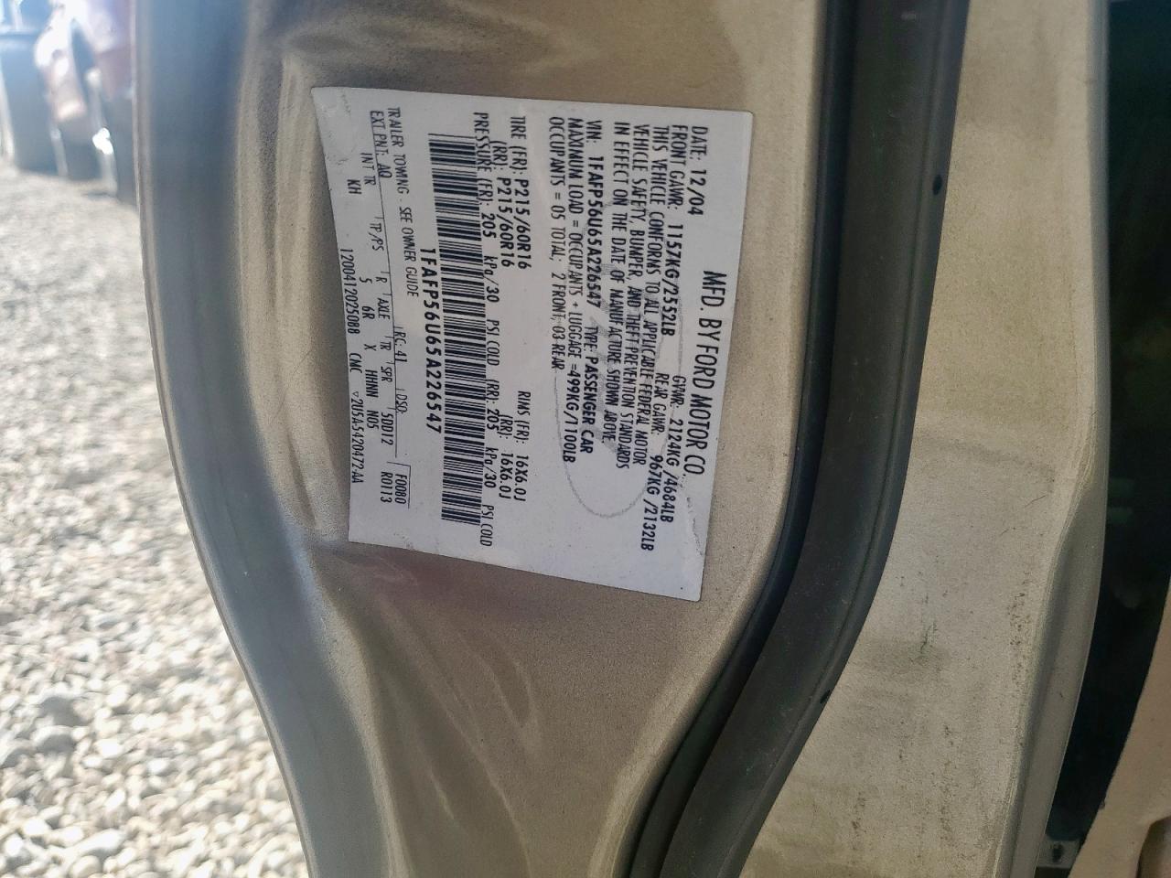 2005 Ford Taurus Sel VIN: 1FAFP56U65A226547 Lot: 92730595