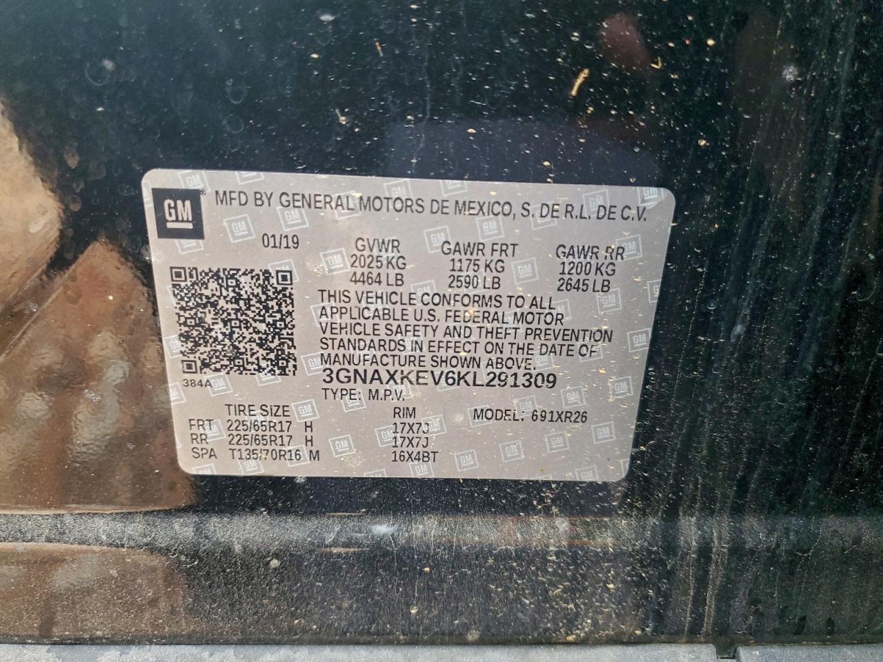 2019 Chevrolet Equinox Lt VIN: 3GNAXKEV6KL291309 Lot: 94485205