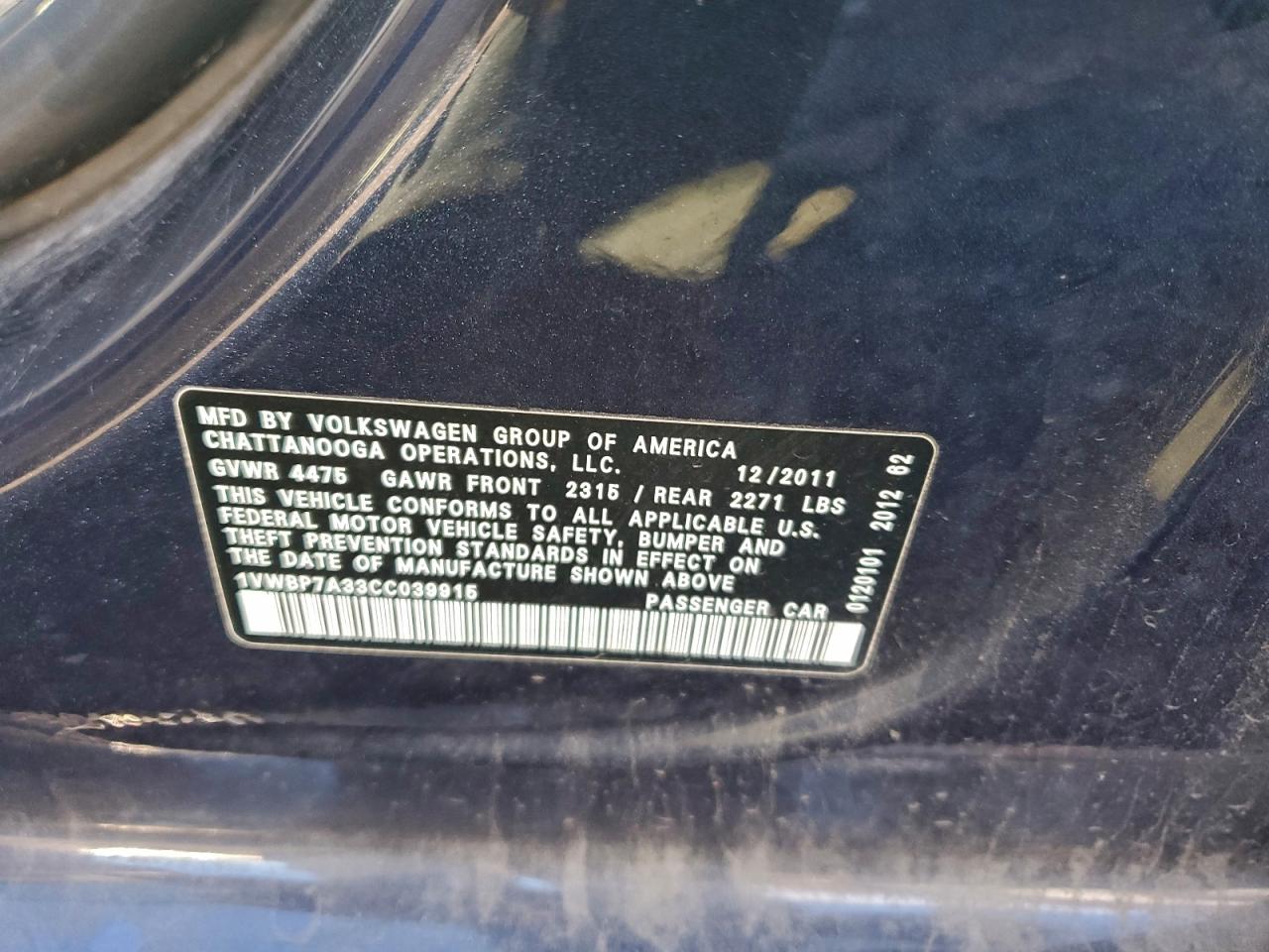 2012 Volkswagen Passat Se VIN: 1VWBP7A33CC039915 Lot: 93724305