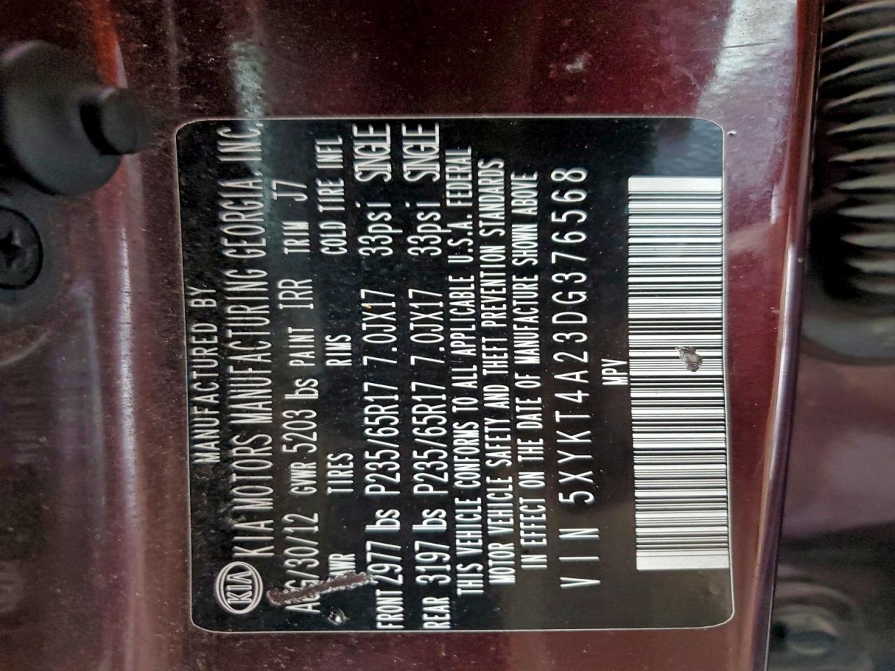 2013 Kia Sorento Lx VIN: 5XYKT4A23DG376568 Lot: 94180815