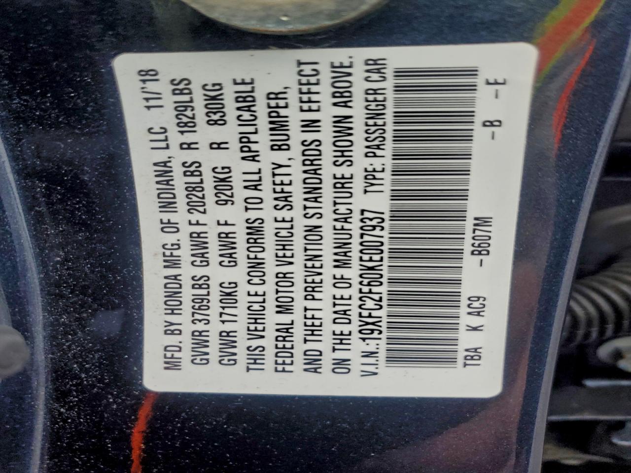 2019 Honda Civic Lx VIN: 19XFC2F60KE007937 Lot: 94460015