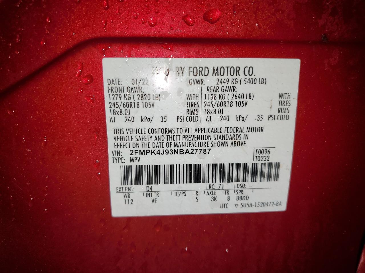 2022 Ford Edge Sel VIN: 2FMPK4J93NBA27787 Lot: 91227745