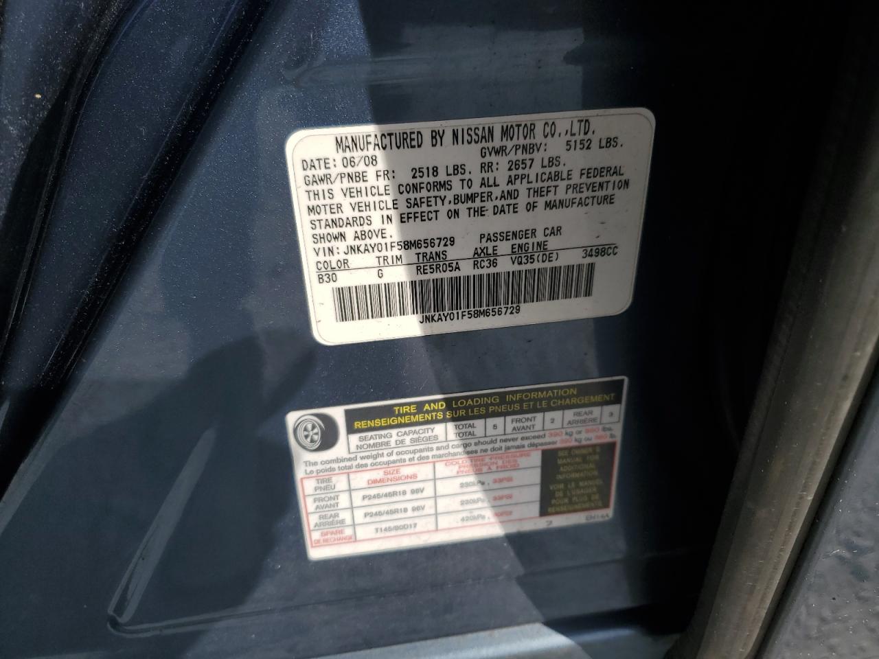 2008 Infiniti M35 Base VIN: JNKAY01F58M656729 Lot: 92360255