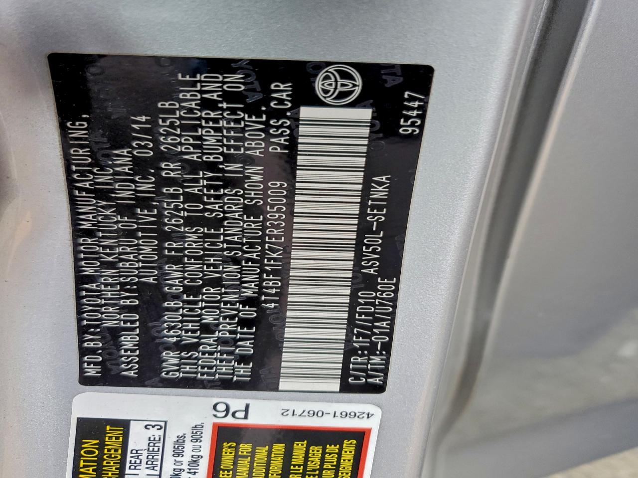 2014 Toyota Camry L VIN: 4T4BF1FK7ER395009 Lot: 94326105