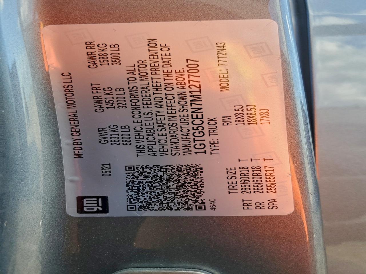 2021 GMC Canyon Elevation VIN: 1GTG5CEN7M1277007 Lot: 94025085