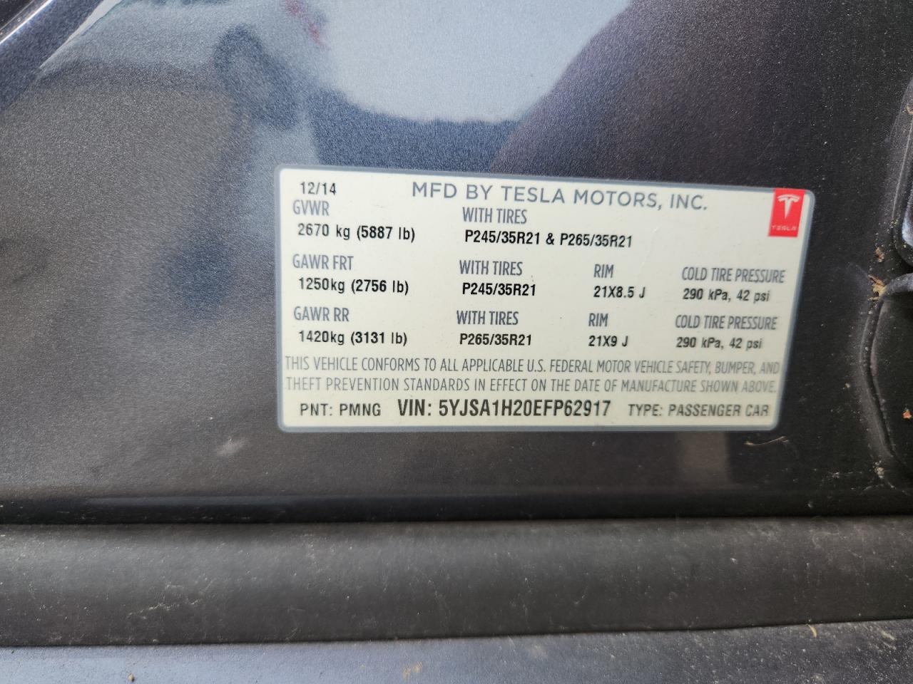 2014 Tesla Model S VIN: 5YJSA1H20EFP62917 Lot: 91862115