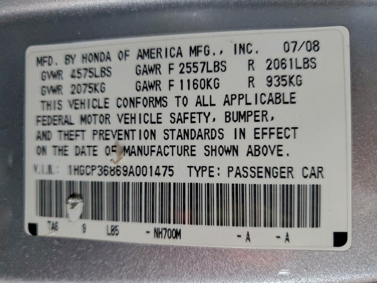 2009 Honda Accord Exl VIN: 1HGCP36869A001475 Lot: 94278585