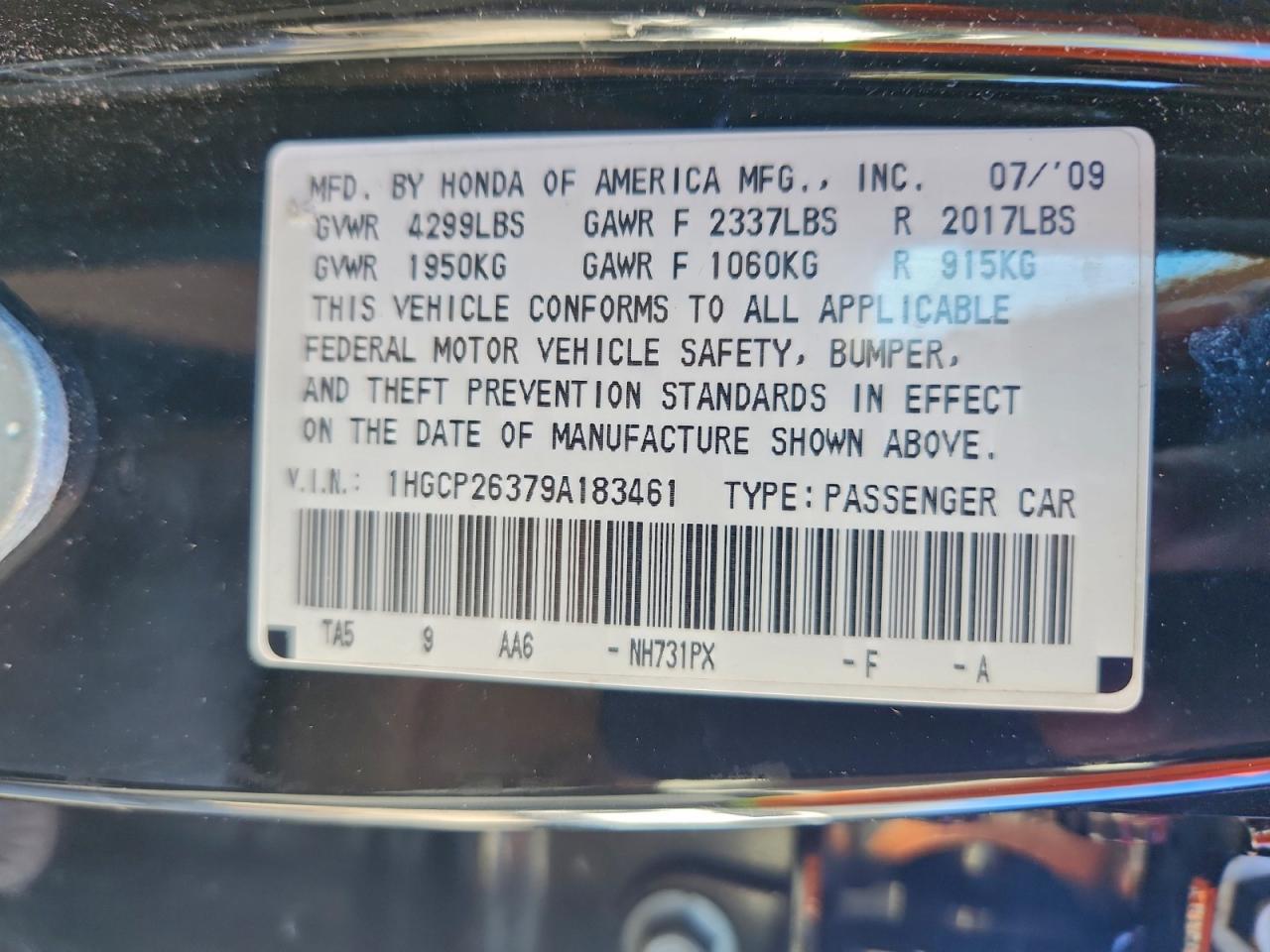 2009 Honda Accord Lx VIN: 1HGCP26379A183461 Lot: 94721865