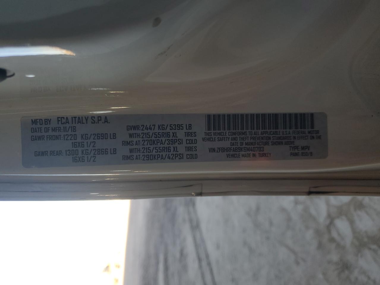 2019 Ram Promaster Delivery Van VIN: ZFBHRFAB9K6M40703 Lot: 92034665