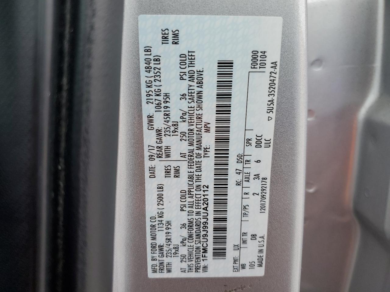 2018 Ford Escape Titanium VIN: 1FMCU9J99JUA20112 Lot: 93284155