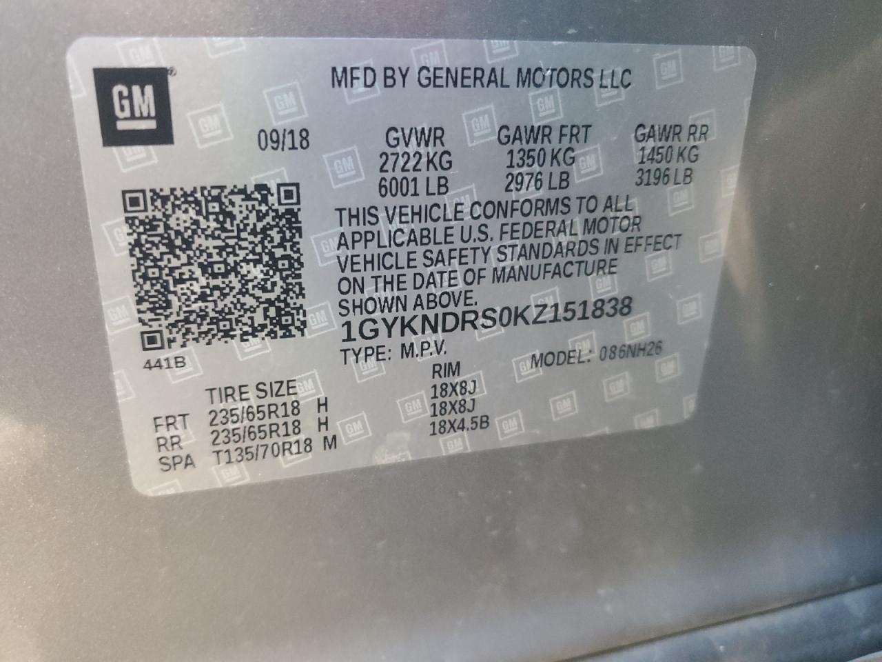 2019 Cadillac Xt5 Luxury VIN: 1GYKNDRS0KZ151838 Lot: 90784195