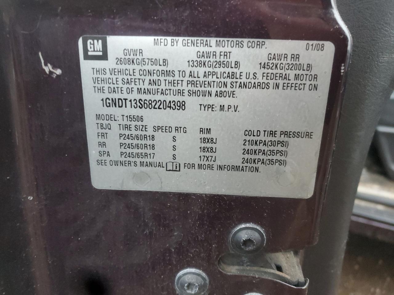 2008 Chevrolet Trailblazer Ls VIN: 1GNDT13S682204398 Lot: 91940805