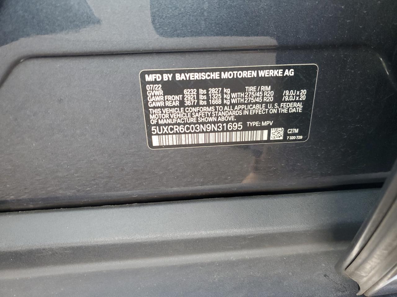 2022 BMW X5 xDrive40I VIN: 5UXCR6C03N9N31695 Lot: 91691165