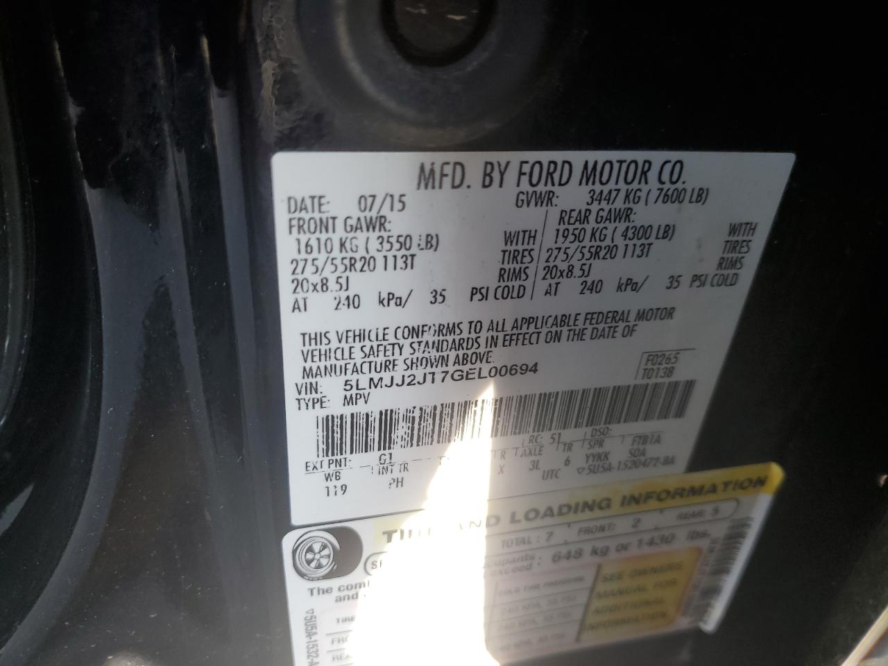 2016 Lincoln Navigator Select VIN: 5LMJJ2JT7GEL00694 Lot: 92615585