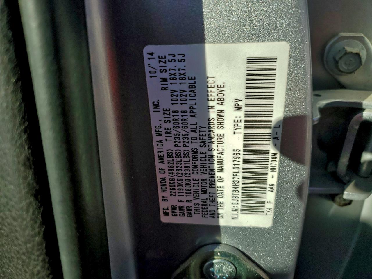 2015 Acura Rdx VIN: 5J8TB4H37FL017965 Lot: 94771225