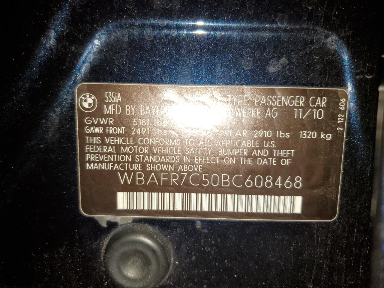 2011 BMW 535 I VIN: 608468 Lot: 94010035