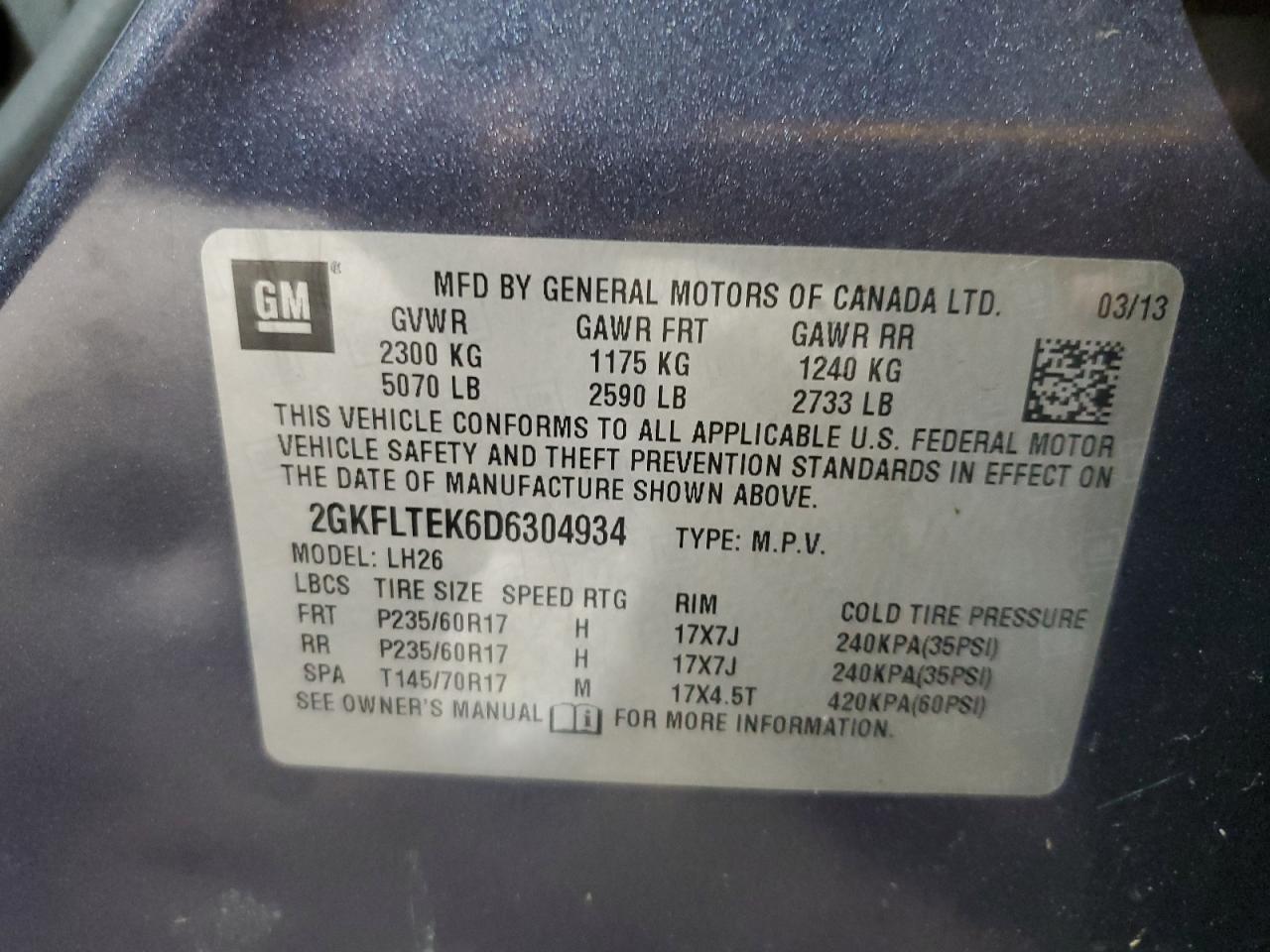 2013 GMC Terrain Sle VIN: 2GKFLTEK6D6304934 Lot: 92922915