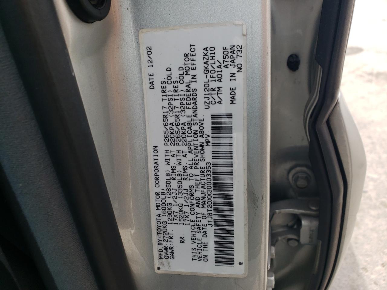 2003 Lexus Gx 470 VIN: JTJBT20XX30003353 Lot: 92595605