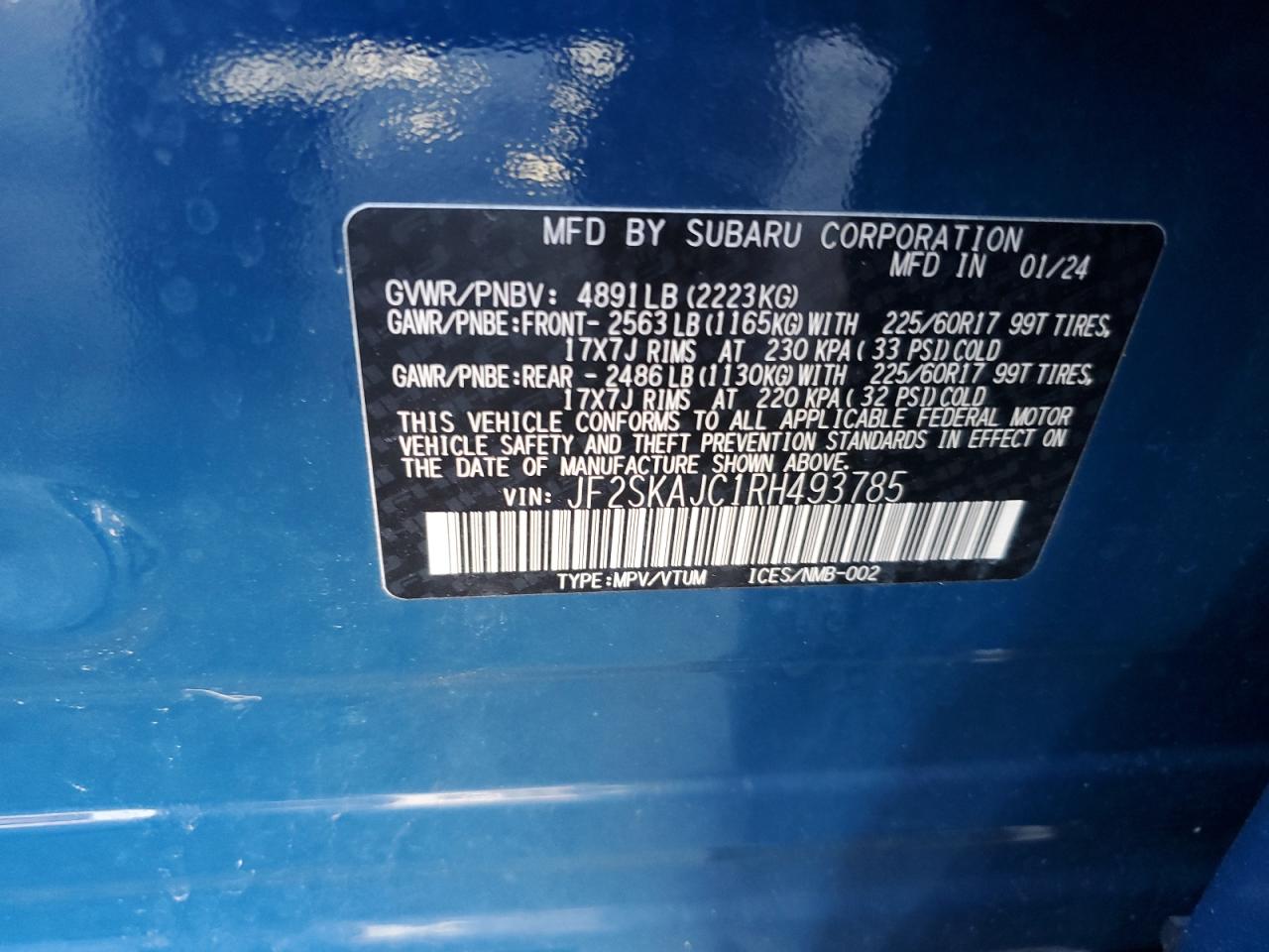 2024 Subaru Forester Wilderness VIN: JF2SKAJC1RH493785 Lot: 92595485