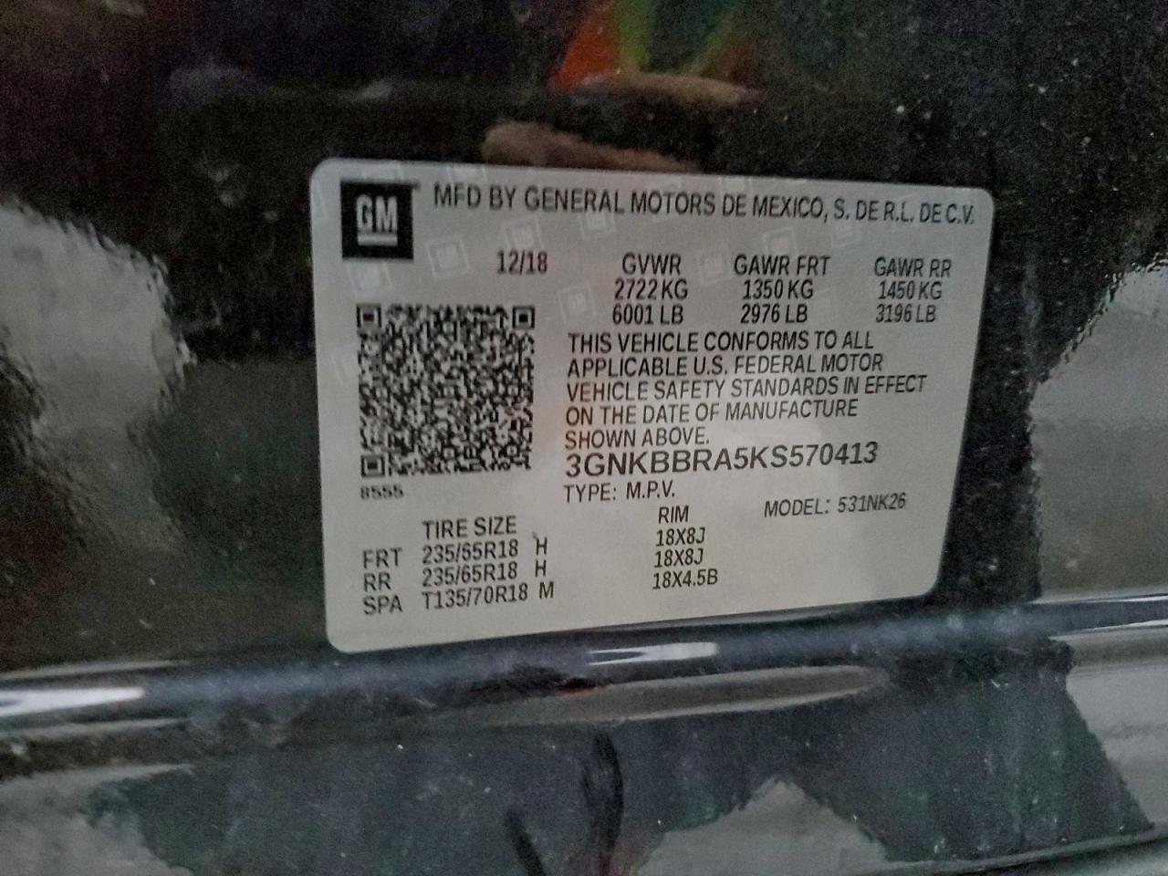 2019 Chevrolet Blazer 1Lt VIN: 3GNKBBRA5KS570413 Lot: 94121205