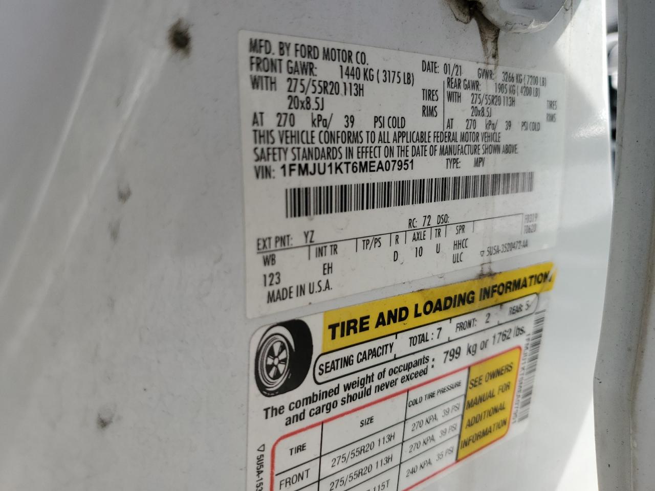 2021 Ford Expedition Limited VIN: 1FMJU1KT6MEA07951 Lot: 92869025