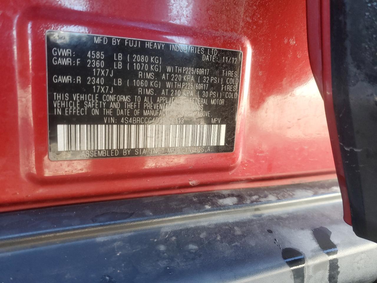 2013 Subaru Outback 2.5I Premium VIN: 4S4BRCCC4D3257913 Lot: 93147545