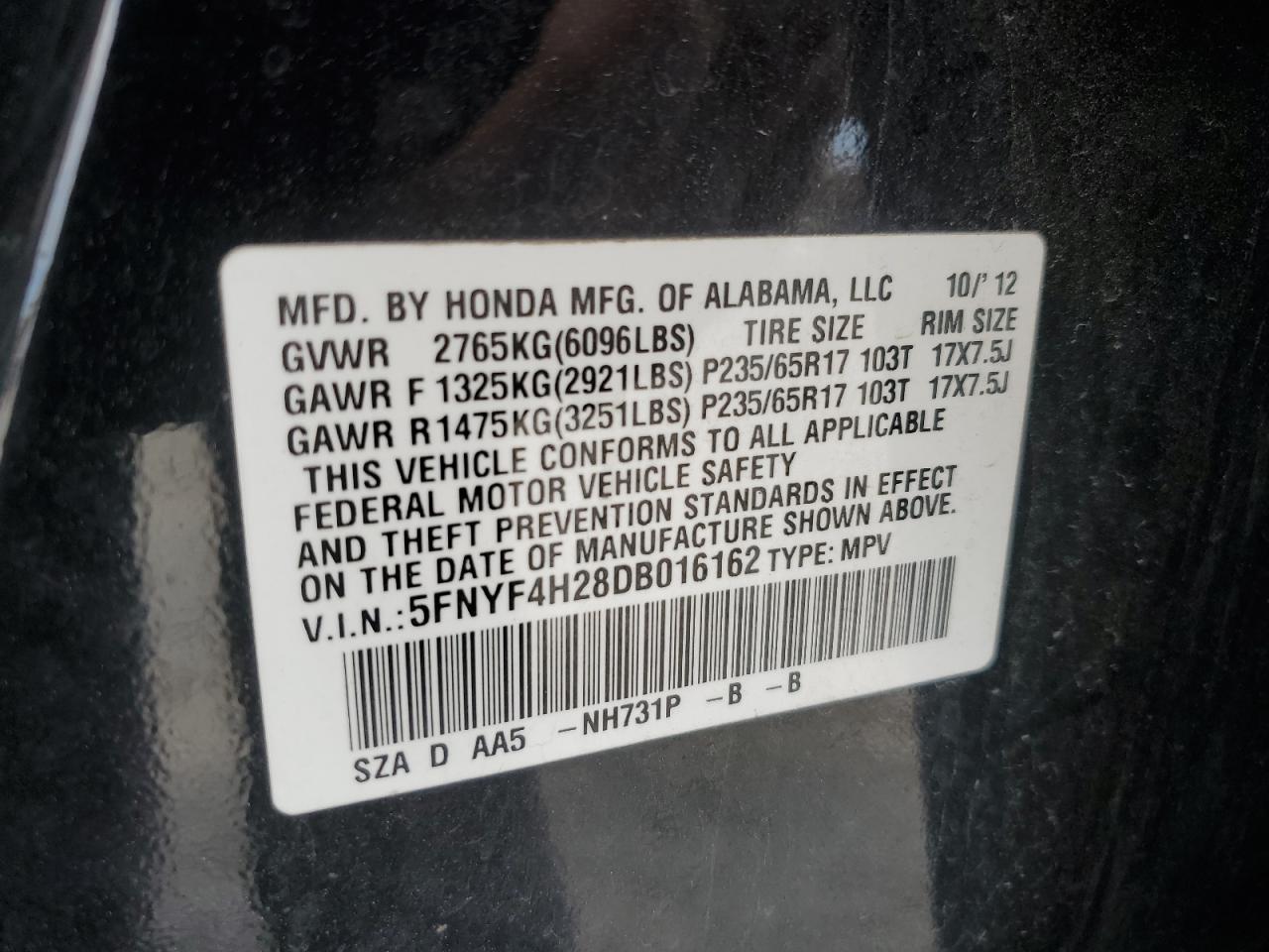 2013 Honda Pilot Lx VIN: 5FNYF4H28DB016162 Lot: 90047415