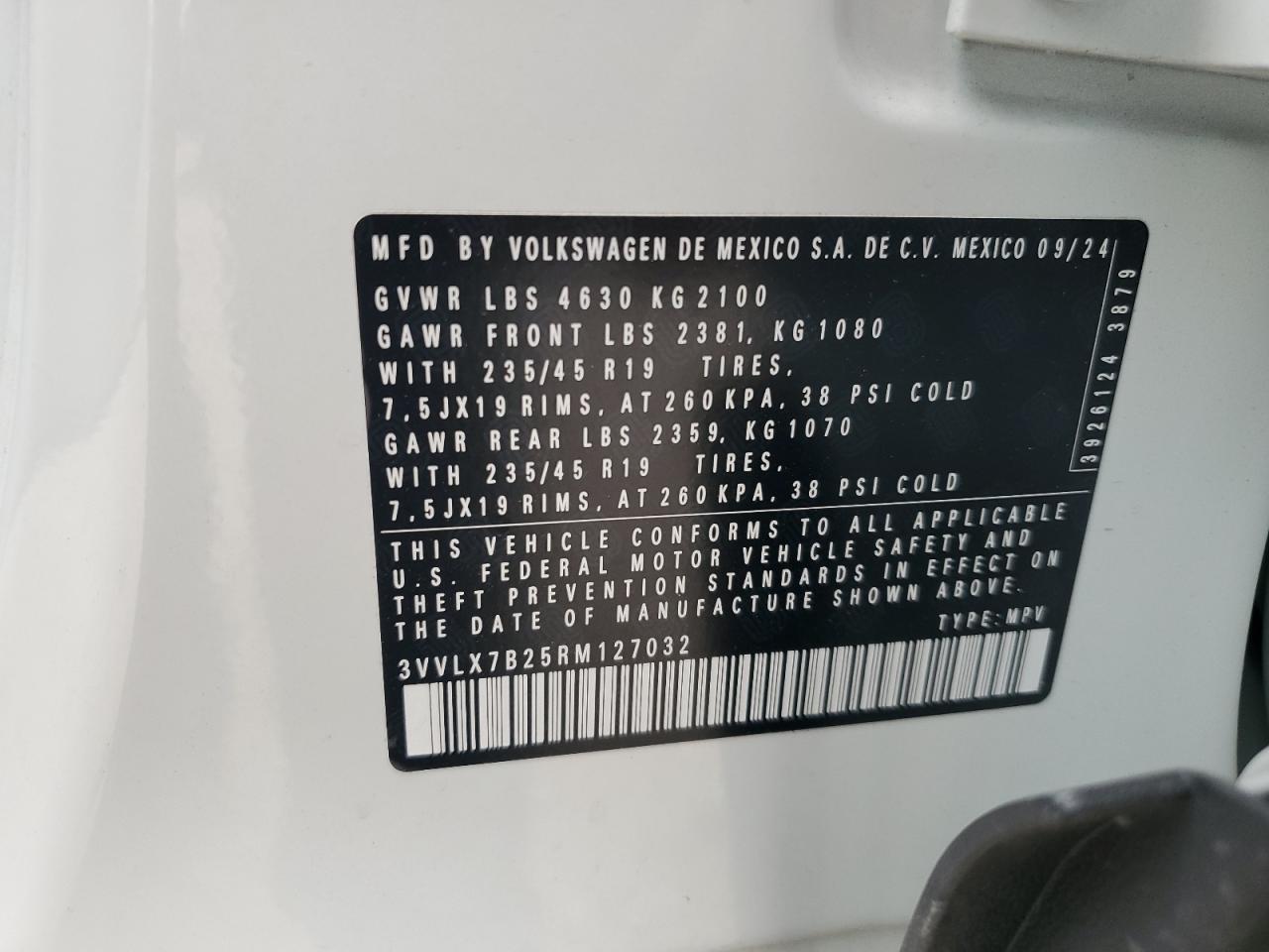 2024 Volkswagen Taos Se VIN: 3VVLX7B25RM127032 Lot: 93237345