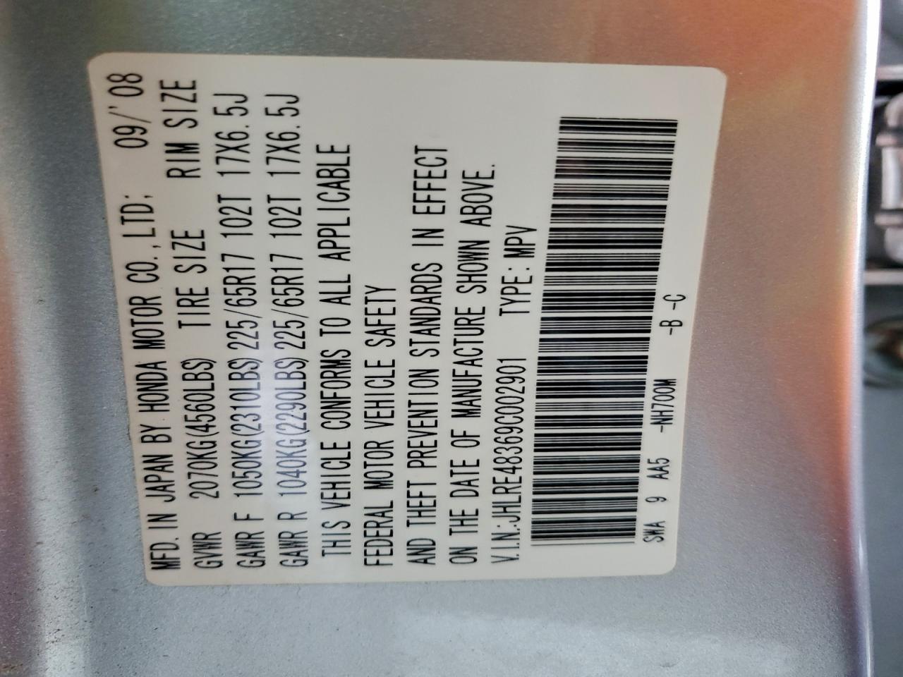 2009 Honda Cr-V Lx VIN: JHLRE48369C002901 Lot: 93425125