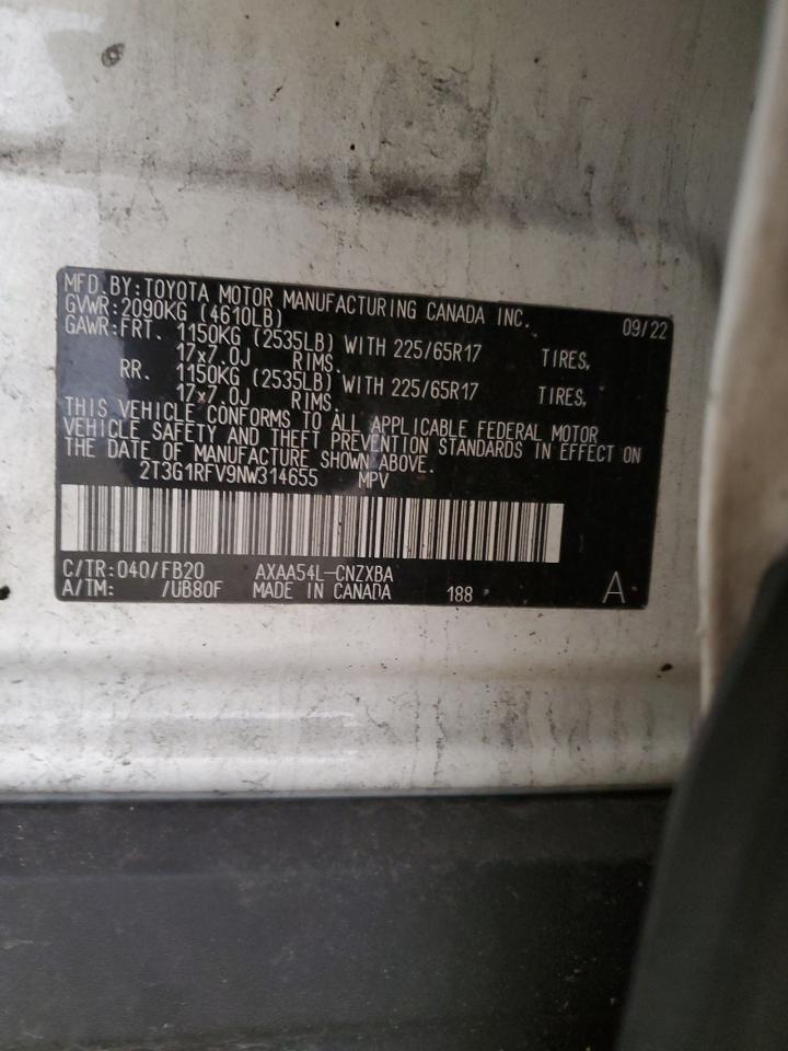 2022 Toyota Rav4 Le VIN: 2T3G1RFV9NW314655 Lot: 92720015