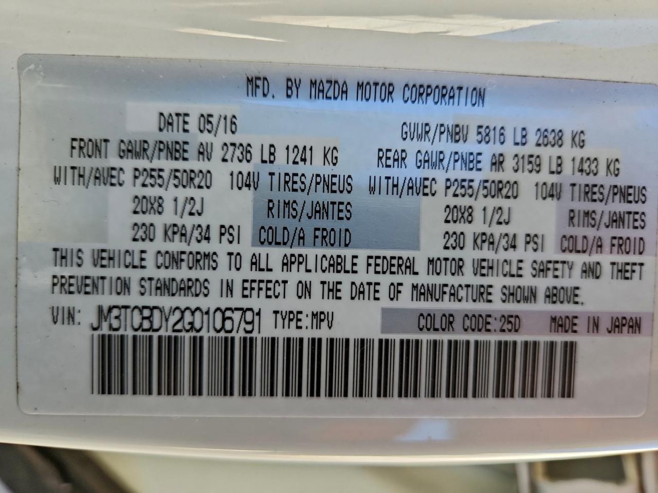 2016 Mazda Cx-9 Grand Touring VIN: JM3TCBDY2G0106791 Lot: 93287695