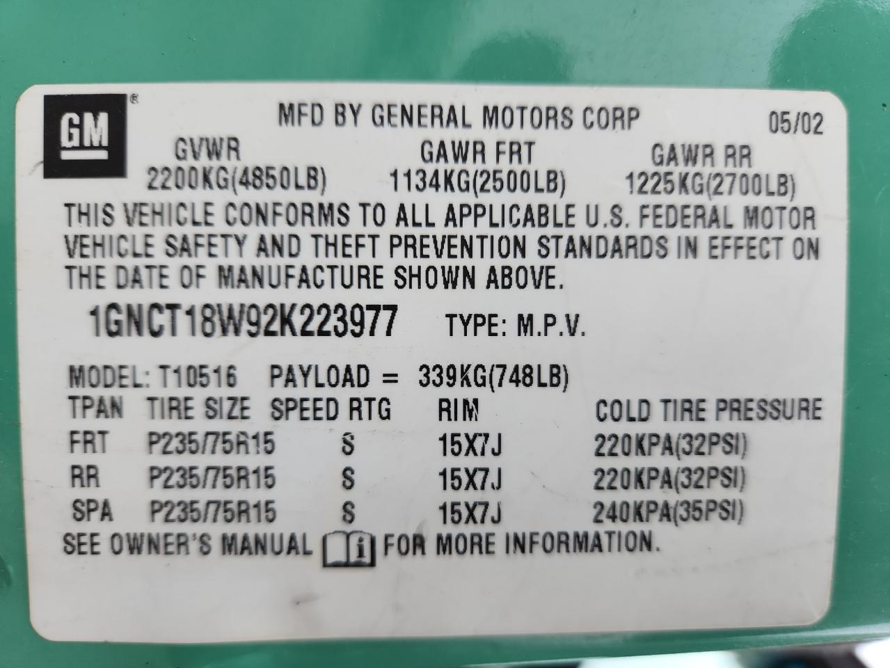 2002 Chevrolet Blazer VIN: 1GNCT18W92K223977 Lot: 93280705