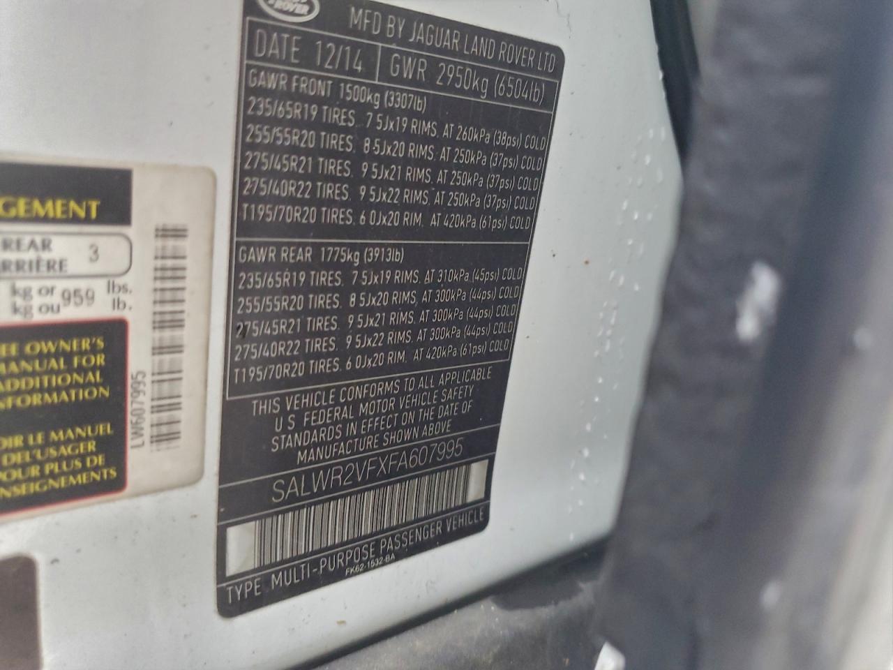 2015 Land Rover Range Rover Sport Hse VIN: SALWR2VFXFA607995 Lot: 94119895