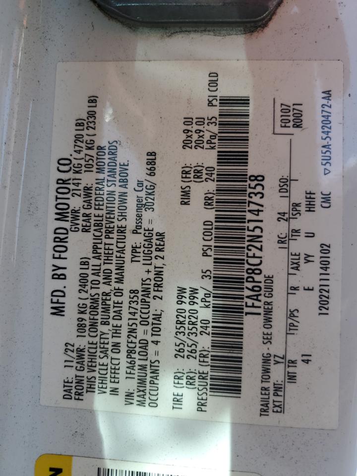 2022 Ford Mustang Gt VIN: 1FA6P8CF2N5147358 Lot: 93691015