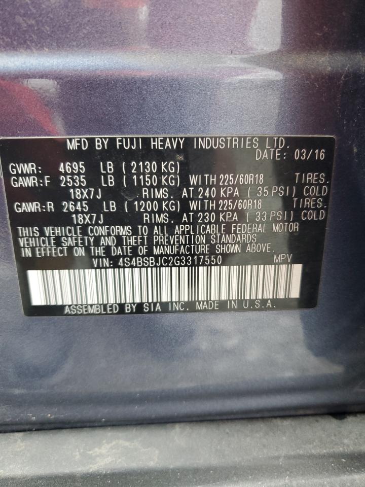 2016 Subaru Outback 2.5I Limited VIN: 4S4BSBJC2G3317550 Lot: 93177215