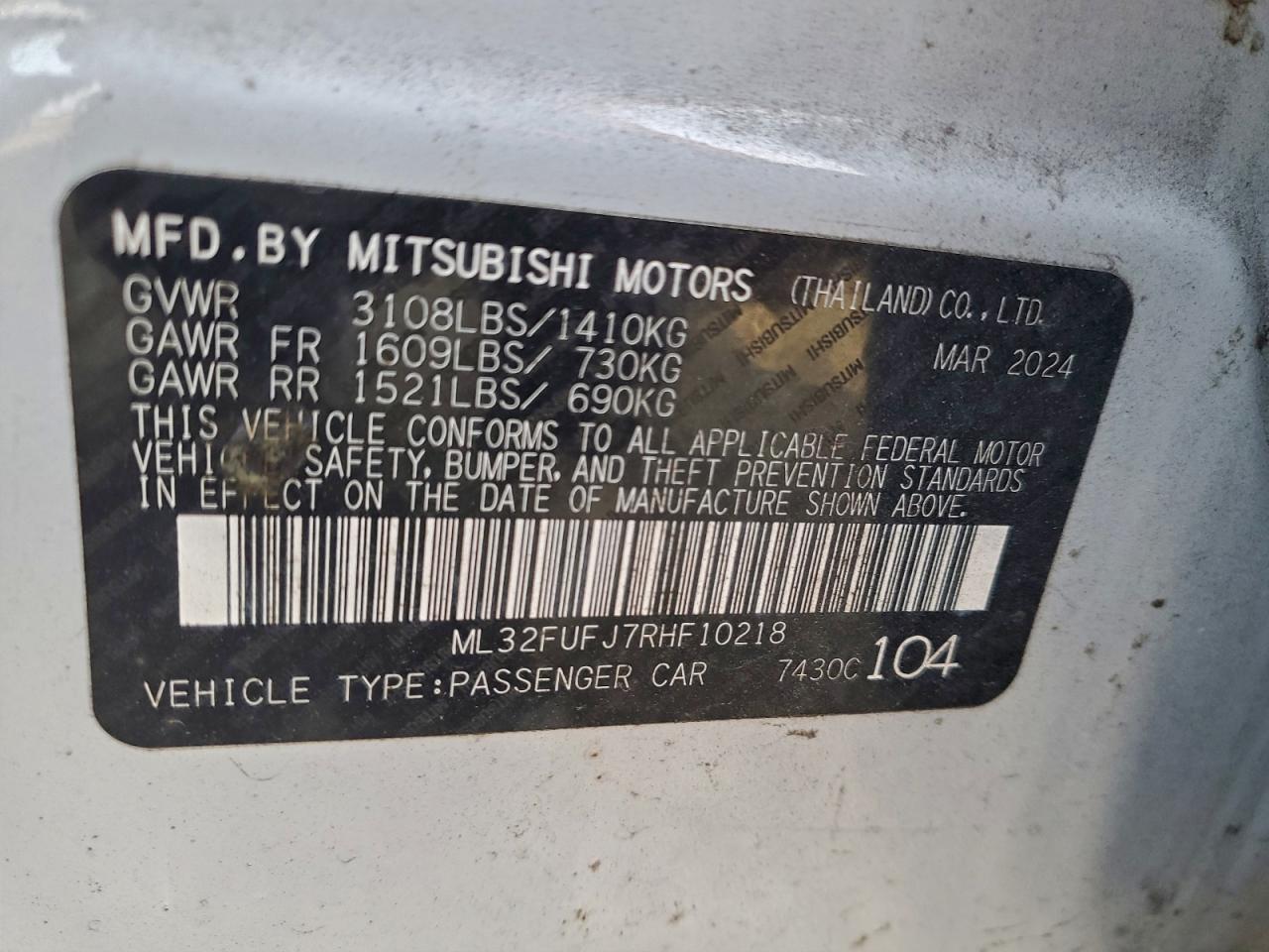 2024 Mitsubishi Mirage G4 Es VIN: ML32FUFJ7RHF10218 Lot: 93922315