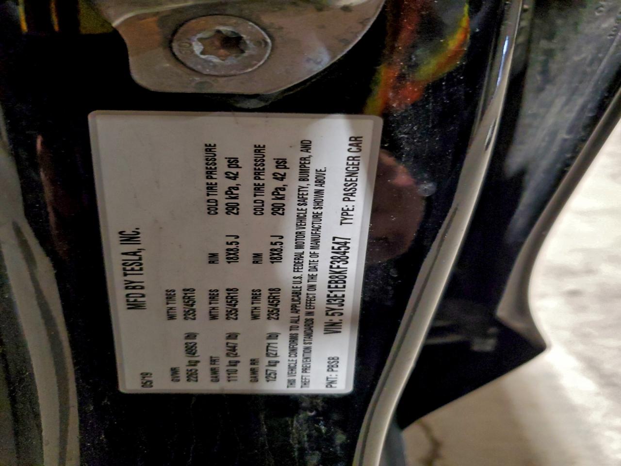 2019 Tesla Model 3 VIN: 5YJ3E1EB8KF384547 Lot: 93274155