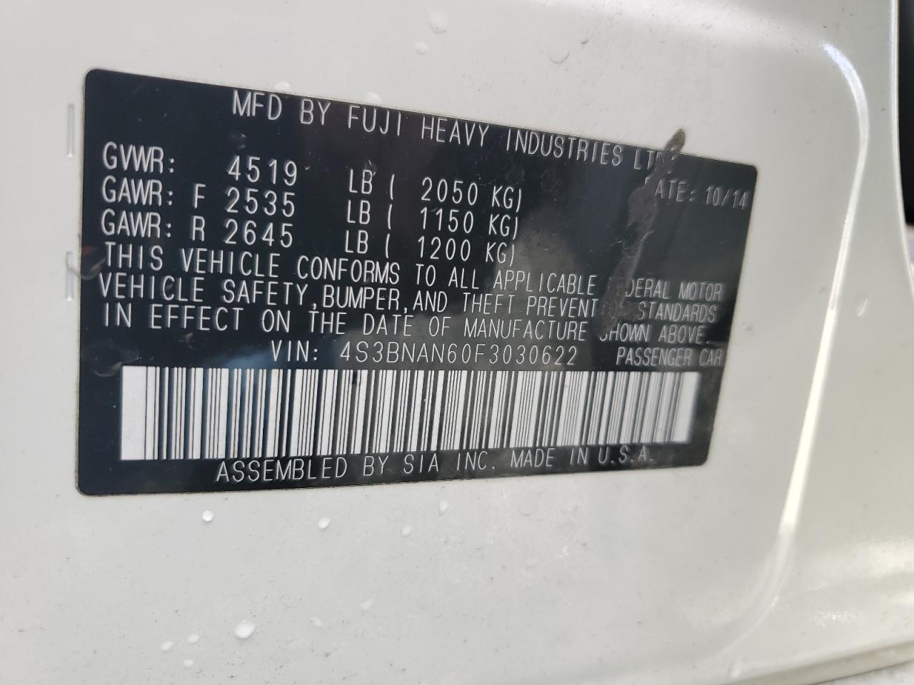 2015 Subaru Legacy 2.5I Limited VIN: 4S3BNAN60F3030622 Lot: 92107395