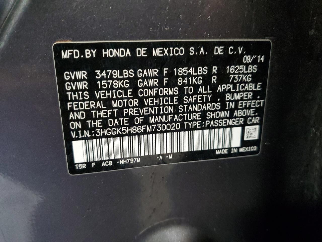 2015 Honda Fit Ex VIN: 3HGGK5H86FM730020 Lot: 93464605