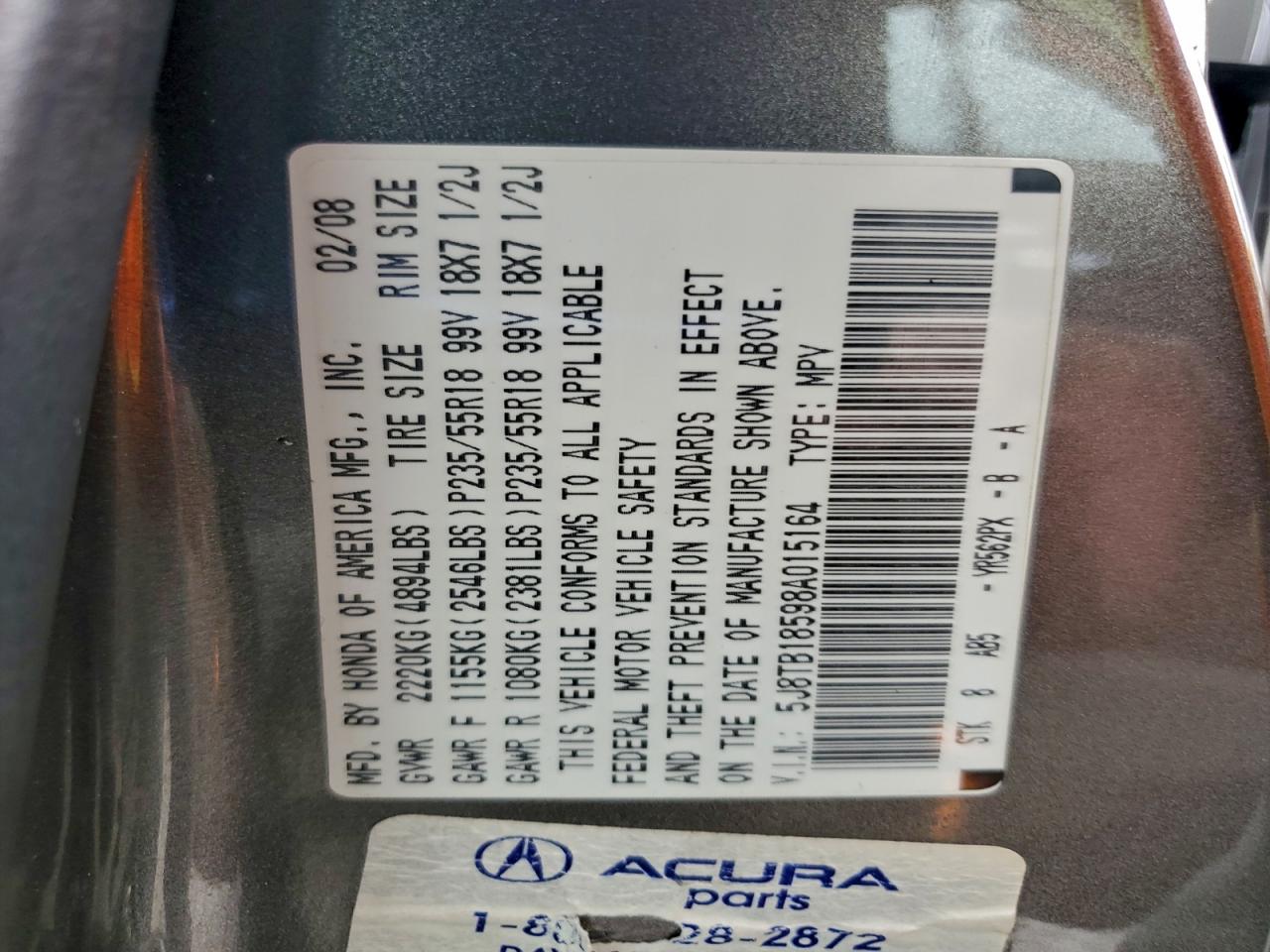 2008 Acura Rdx Technology VIN: 5J8TB18598A015164 Lot: 93651655