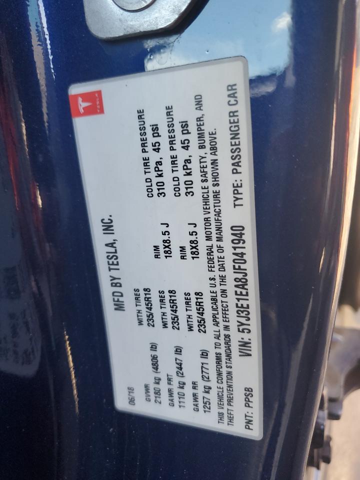 2018 Tesla Model 3 VIN: 5YJ3E1EA8JF041940 Lot: 91704325