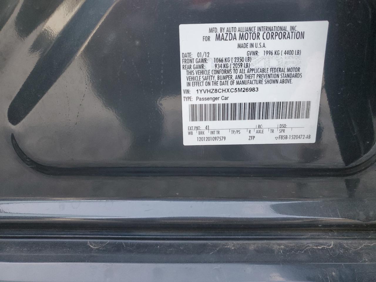 2012 Mazda 6 I VIN: 1YVHZ8CHXC5M26983 Lot: 93500815