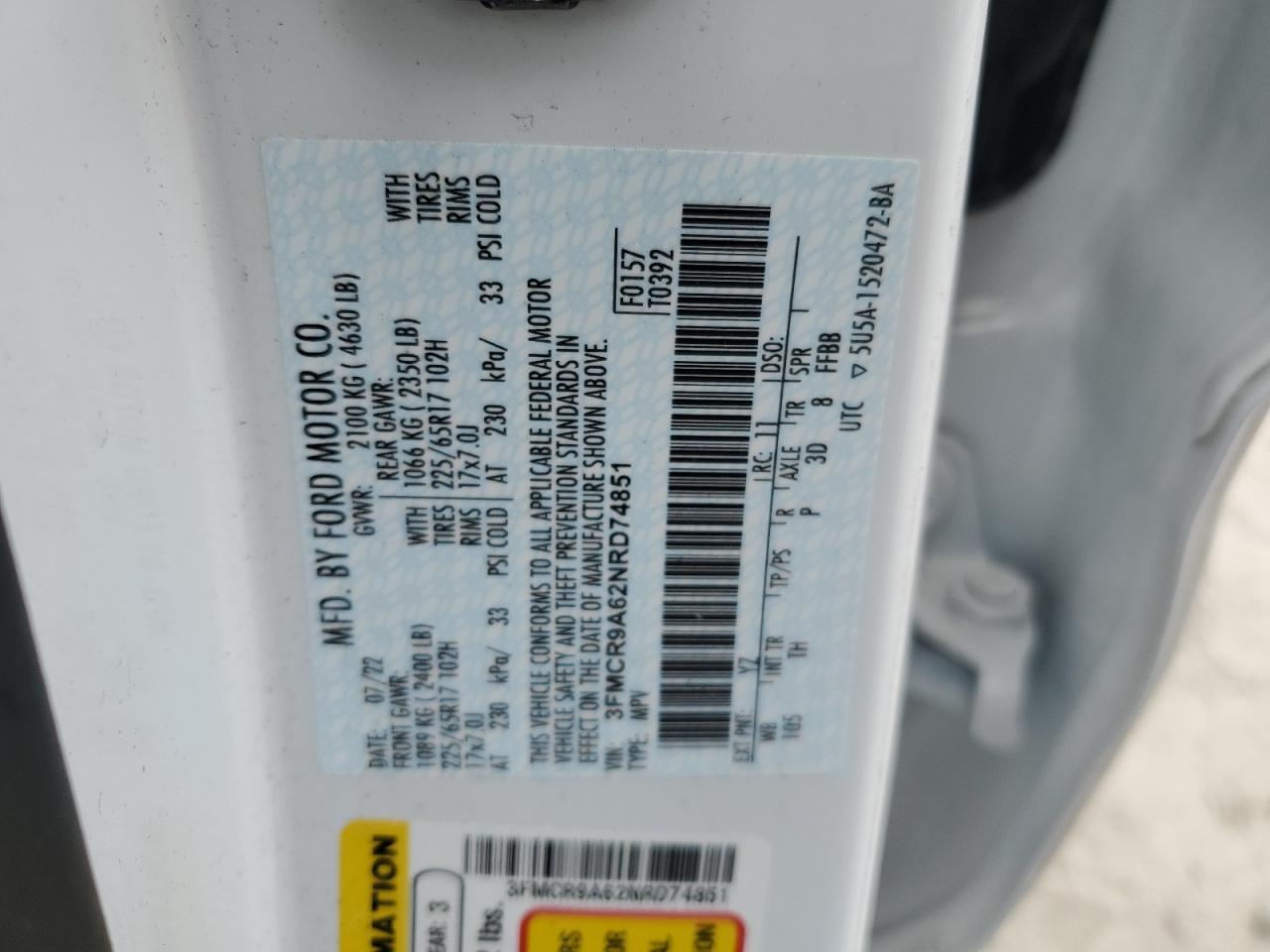 2022 Ford Bronco Sport VIN: 3FMCR9A62NRD74851 Lot: 92730565